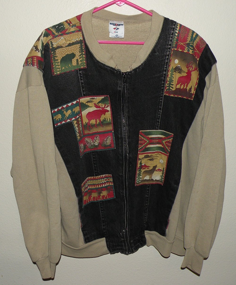 Vtg 90s Jerzees Custom Tapestry Patchwork Men’s 2X Full Zip Jacket Wildlife USA